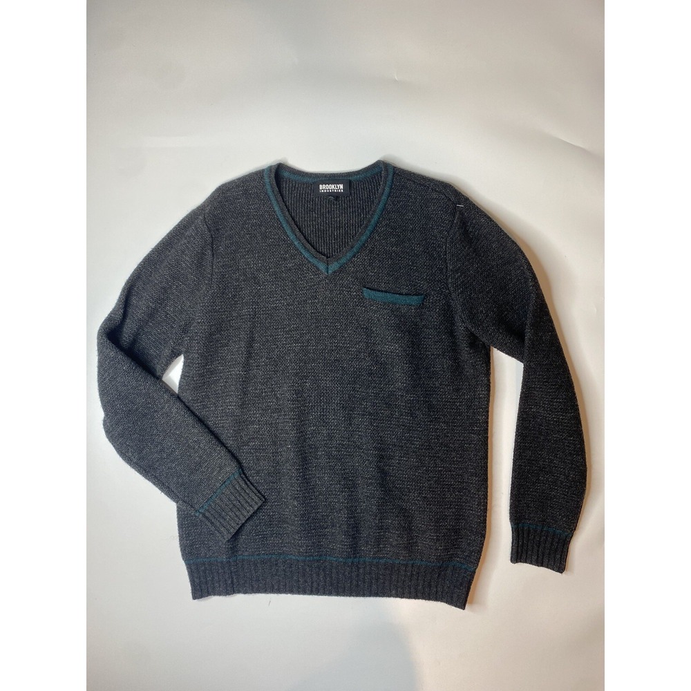 Brooklyn Industries Sweater Mens Large Lambswool Pocket V-Neck Black Green